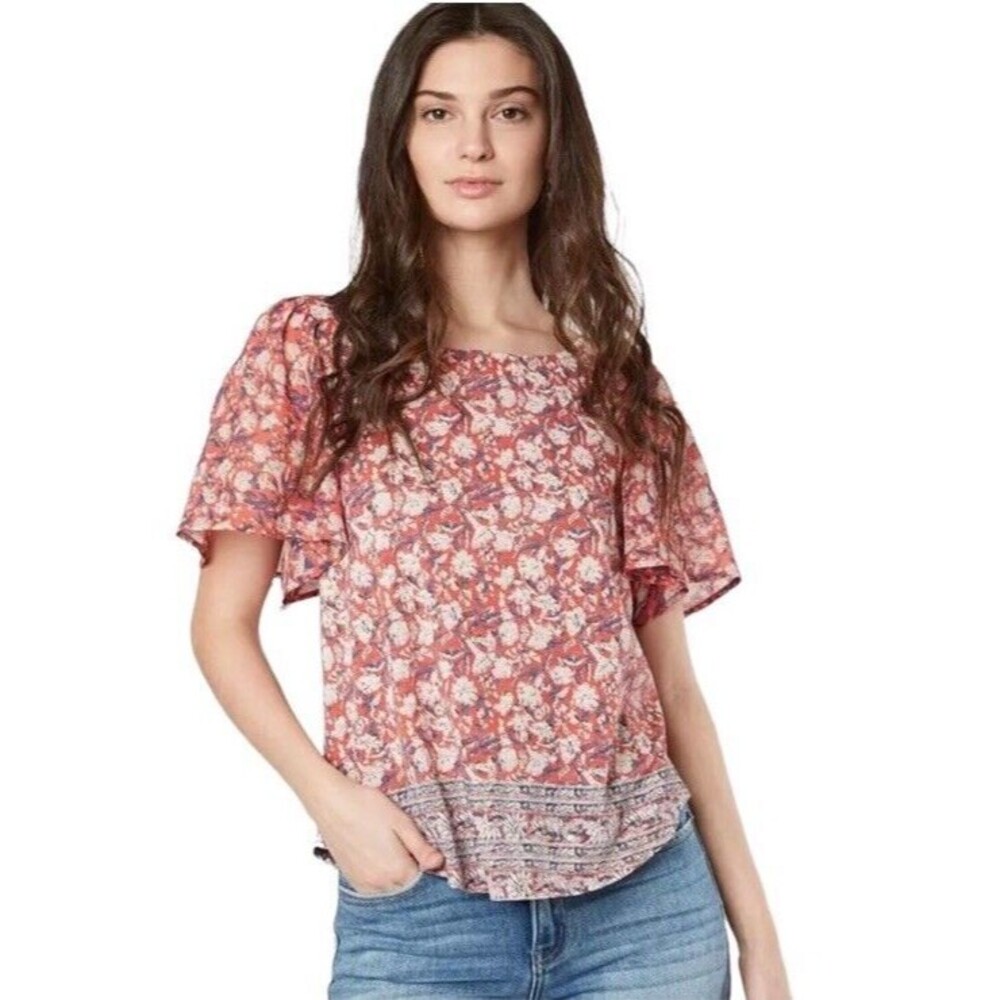 LUCKY BRAND Red Floral Boho Top  Back Cutout Keyhole and Flutter S Plus